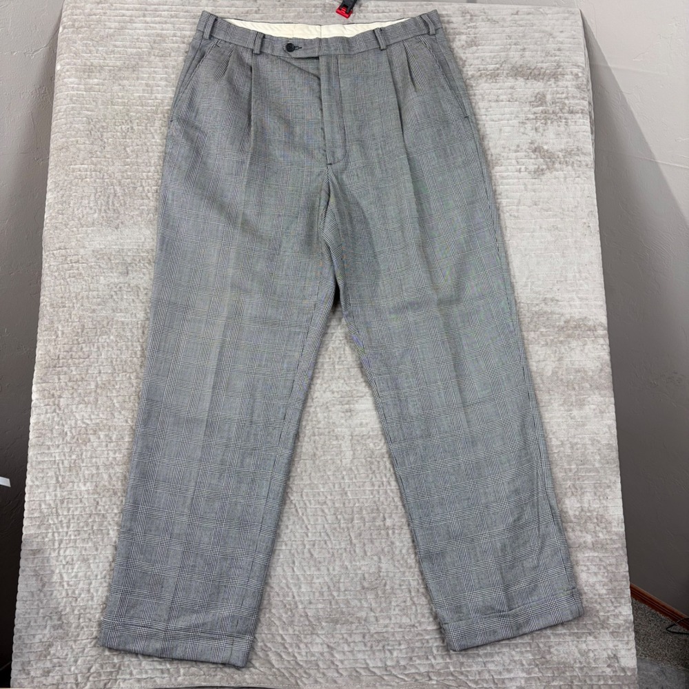 Brooks Brothers 346 Wool Cashmere Glen Plaid Pleated Cuffed Pants Grey 35x30